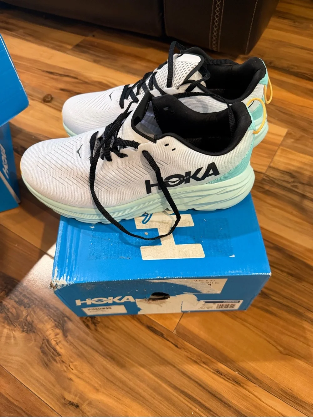 Hoka Kids White and Mint Lace-Up Sneakers with Black Accents